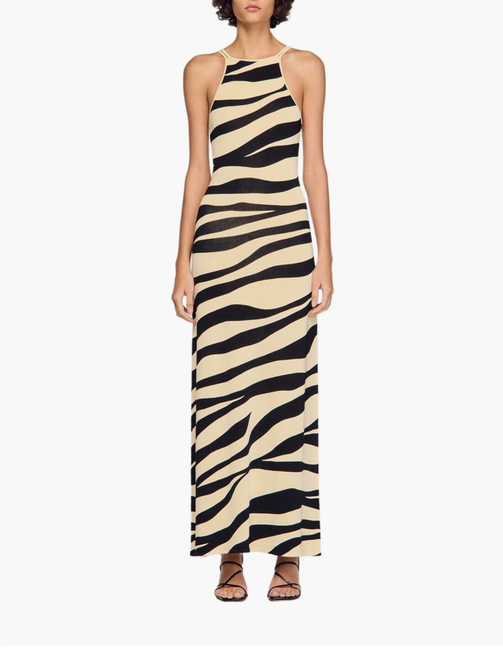 Sandro Beige and Black Zebra-Print Halter Maxi Dress